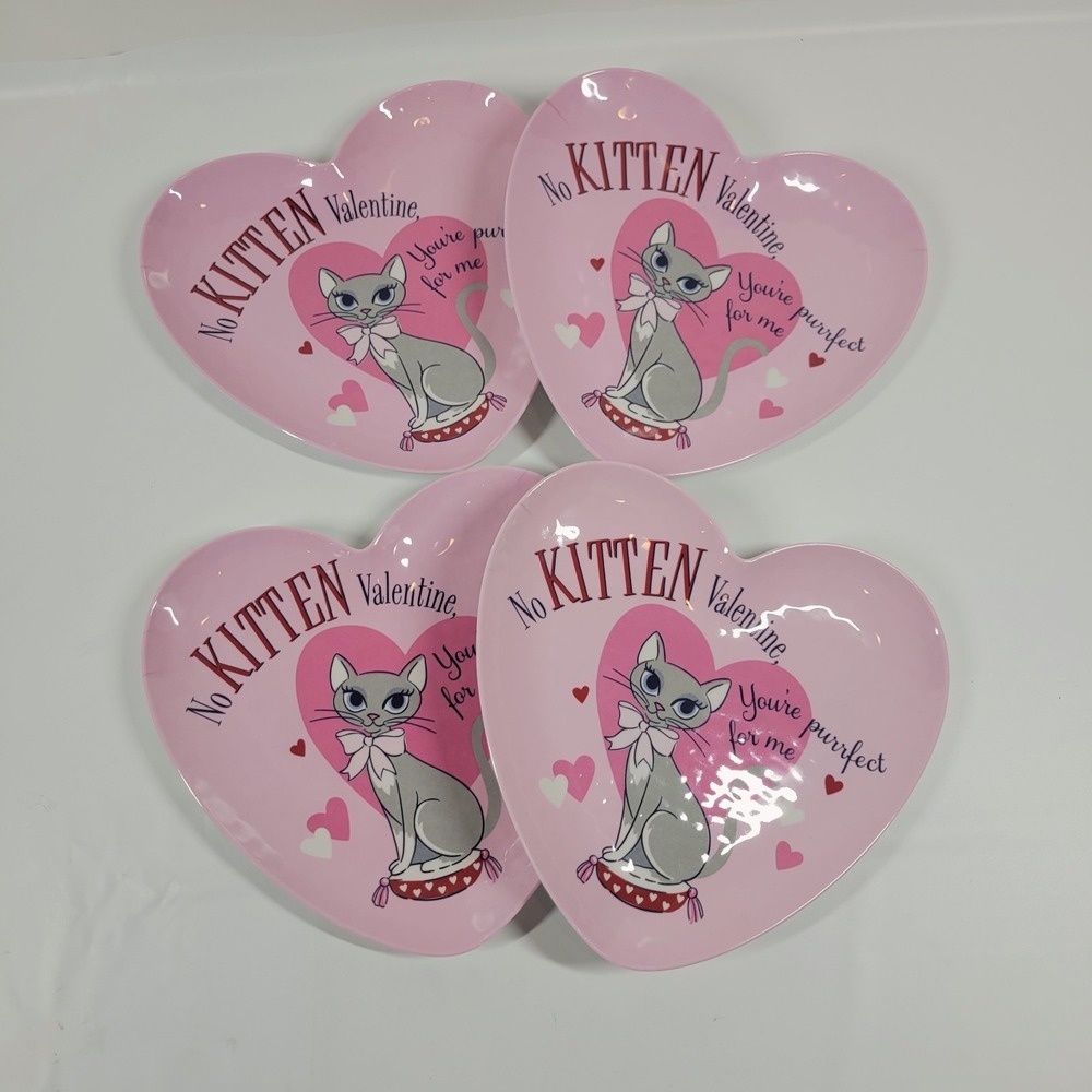 Pottery Barn Kids‎ Heart Shaped Kitten Plate 9" Set of 4 Valentine